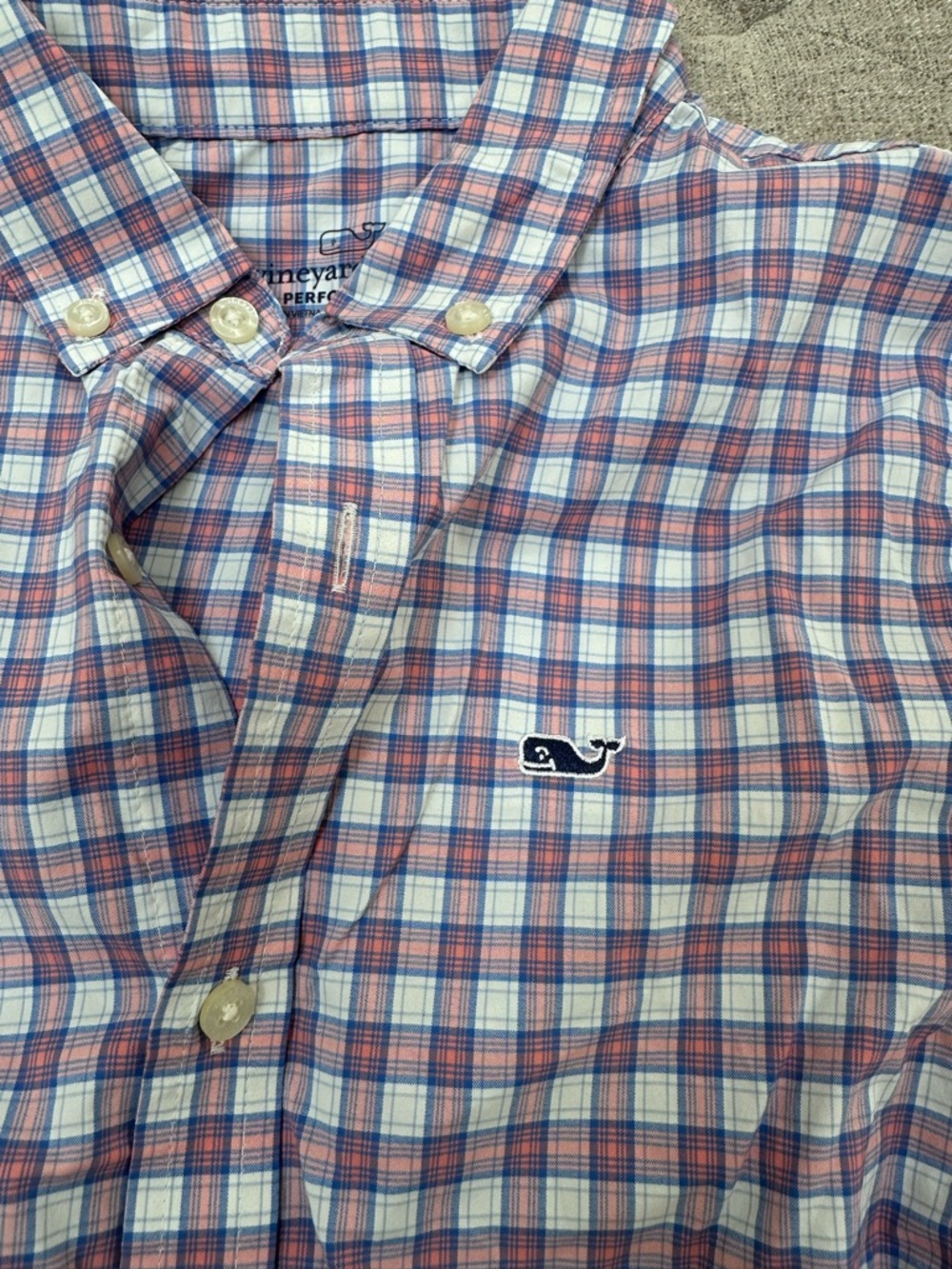 VINEYARD VINES BOYS PERFORMANCE BUTTON DOWN SHIRT BLUE AND ORANGE SIZE 7
